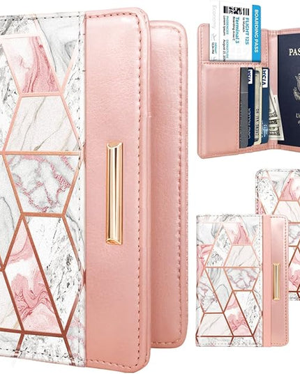 Passport Holder Cover Travel RFID Blocking Passport Cover Rose Gold Cute Flowers Passport Wallet with Elastic Band for Women
