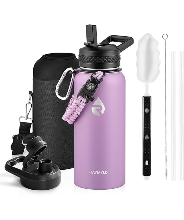 Insulated Water Bottle 32 oz, Triple Wall Vacuum Stainless Steel (Cold for 48 Hrs), Leak Proof & Non-BPA, Modern Water Flask Jug with Paracord Handle & Straw Spout Lids, Lilac