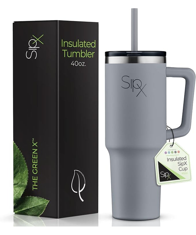 SIPX™ 40 oz Insulated Tumbler with Handle & Straw – Vacuum Insulated Stainless Steel, Leakproof, Cupholder Friendly – Perfect for Iced Coffee, Water & Travel – Grey