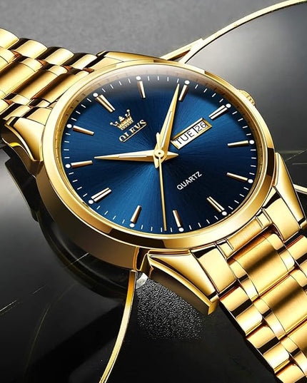 OLEVS Men's Luxury Watch Waterproof Luminous Easy Read Chronograph Watches Full Gold/White Dail/Black Face with Calendar Wristwatch