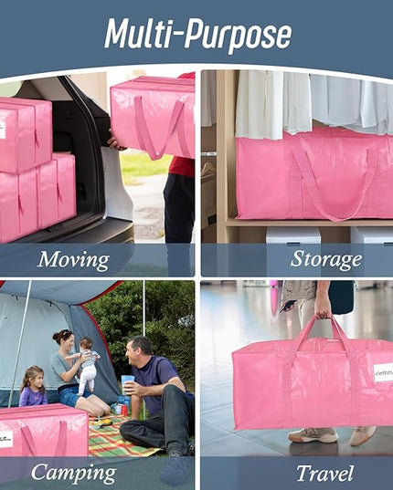 12 Pack Extra Heavy Duty Large Moving Bags with Strong Zipper & Comfortable Handles, Sturdy & Durable Clothes Storage Bags Totes Bins, Packing Moving Boxes for College Supplies, Pink