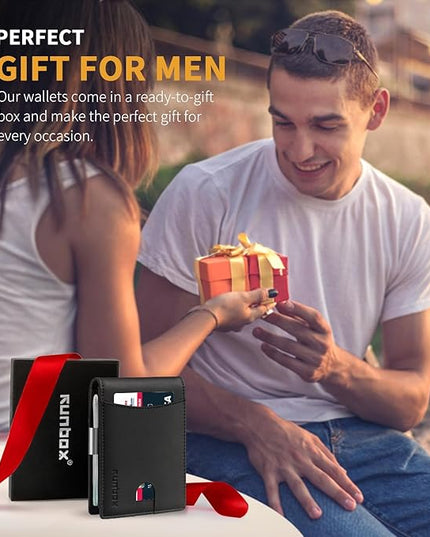 RUNBOX Slim Money Clip Wallets for Men RFID Blocking 11 Card Holder Minimalist Small Leather Bifold Men's Front Pocket Wallet Gift Box