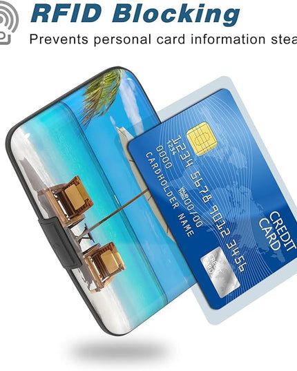 Atufsuat Credit Card Holder, Mini Aluminum Card Wallet RFID Blocking Slim Metal Hard Card Case for Women Men, Sea