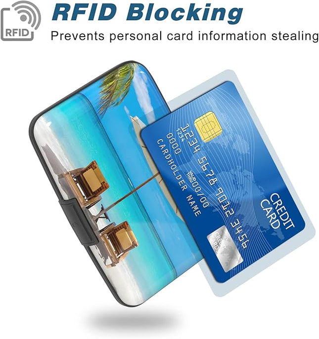 Atufsuat Credit Card Holder, Mini Aluminum Card Wallet RFID Blocking Slim Metal Hard Card Case for Women Men, Sea