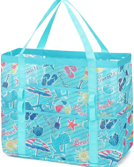 Mesh Beach Bag, Large Beach Tote with Zipper Pocket, Toys Pool Bag for Family Travel Vacation Cruise Essentials