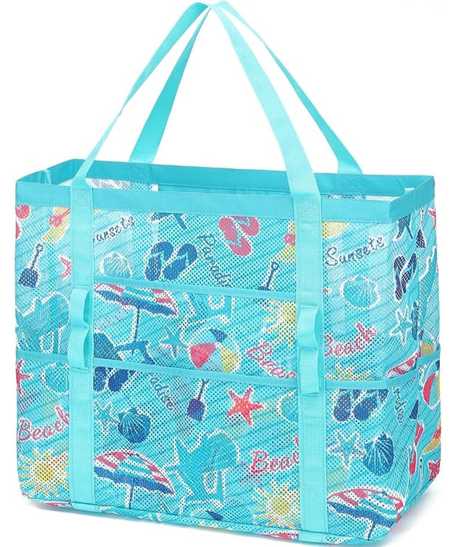 Mesh Beach Bag, Large Beach Tote with Zipper Pocket, Toys Pool Bag for Family Travel Vacation Cruise Essentials