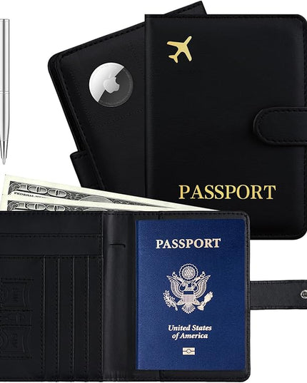 Passport Holder with Airtag Slot Cards Cash Air Ticket Pocket, Travle Gifts for Women Men RFID Blocking Wallet, Passport Book Cover Case Black