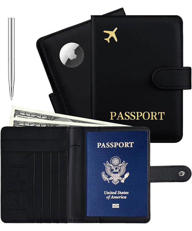 Passport Holder with Airtag Slot Cards Cash Air Ticket Pocket, Travle Gifts for Women Men RFID Blocking Wallet, Passport Book Cover Case Black