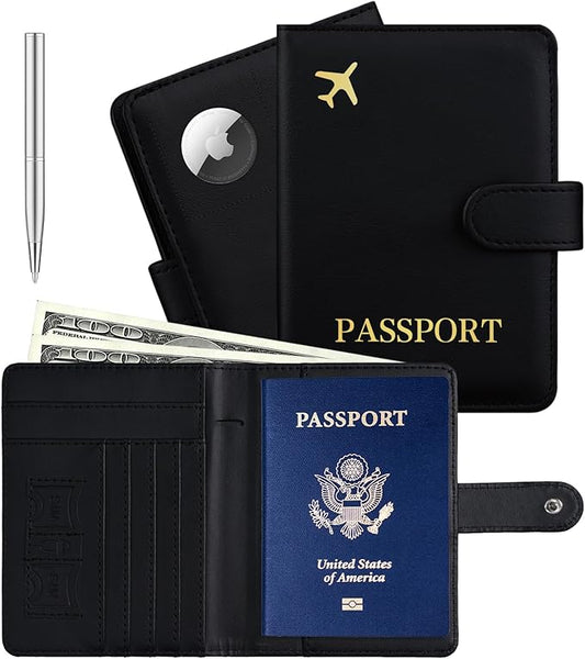 Passport Holder with Airtag Slot Cards Cash Air Ticket Pocket, Travle Gifts for Women Men RFID Blocking Wallet, Passport Book Cover Case Black
