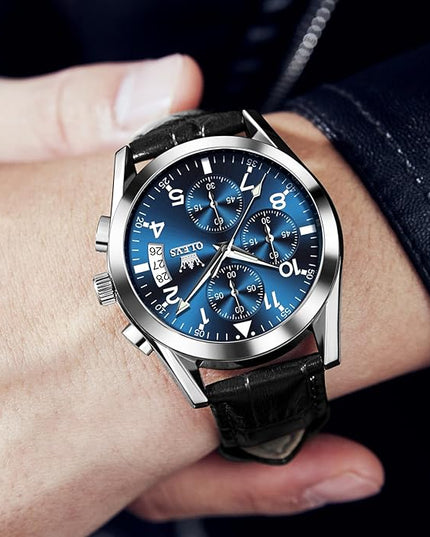 OLEVS Men's Chronograph Leather Watch, Big Face Easy to Read Analog Quartz Dress Watch, Casual Waterproof Luminous Hands Date Watches for Men, White/Blue/Black/Gold Dial
