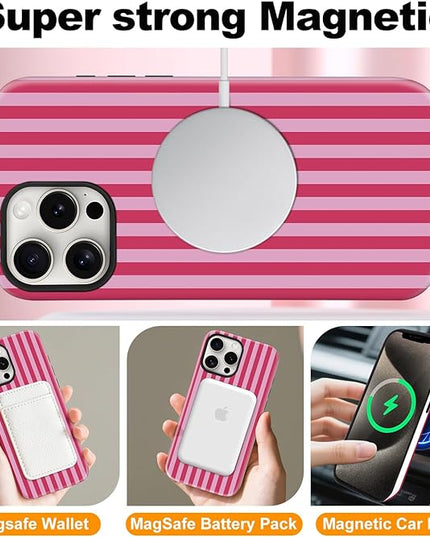 Magnetic for iPhone 16 Pro Case Cute Stripes Phone Case, Shockproof Slim TPU and Hard PC Protective Phone Cover Compatible with MagSafe Designed for Women Girls, Red and Pink