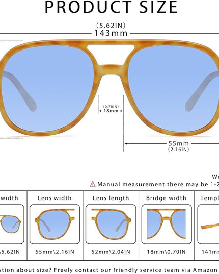 YDAOWKN Retro Square Aviator Sunglasses for Womens Mens Vintage 70s Double Bridge Sun Glasses