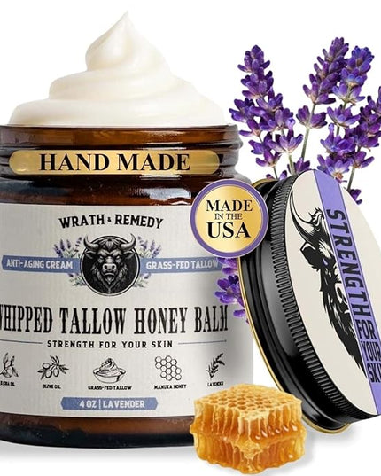 Organic Beef Tallow for Skin - 4 OZ (Lavender) — Grass Fed Beef Tallow for face + Body — US-Made Whipped Tallow and Honey Balm Moisturizer for Dry and Sensitive Skin, Eczema, Rosacea (No Additives)