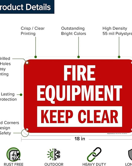 Fire Equipment Keep Clear Sign, 12x18 Inches, 55 mil thick HDPS (high density polystyrene), Made in USA by My Sign Center