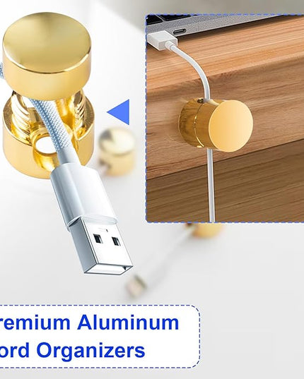 3 Sets Charger Holders for Cords, Gold Adjustable Cable Anchor Holders, Adhesive Metal Cord Clips, Cable Management Wire Organizers for Desk, Office, Nightstand