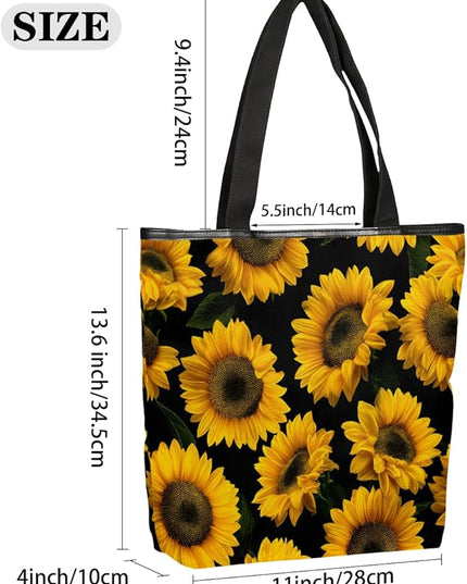 Pardick Canvas Tote Bags, Sunflower Floral Tote Bag Eco Friendly Reusable Grocery Shopping Bagsfor Beach, Books, Women with Zipper Inner Pocket