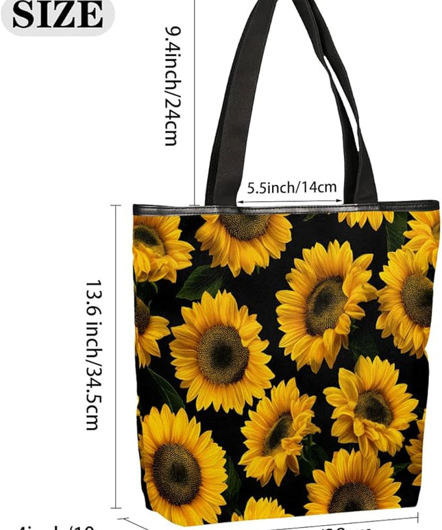 Pardick Canvas Tote Bags, Sunflower Floral Tote Bag Eco Friendly Reusable Grocery Shopping Bagsfor Beach, Books, Women with Zipper Inner Pocket