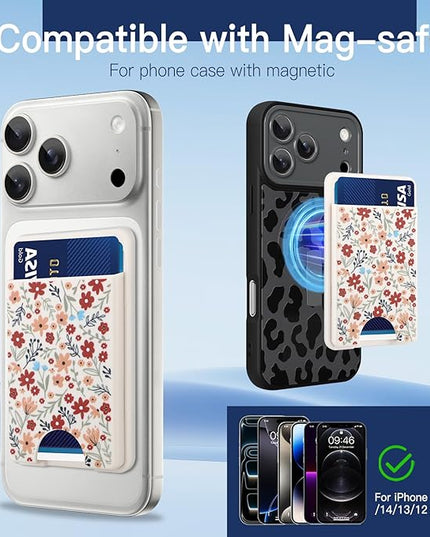 Stronger Magnetic Card Slot Wallet for iPhone 17/16/15/14/13/12 Series (Not for 13/12 Mini), Floral Pattern Hard Card Holder Fit 3 Cards Compatible with Magsafe Accessories, White