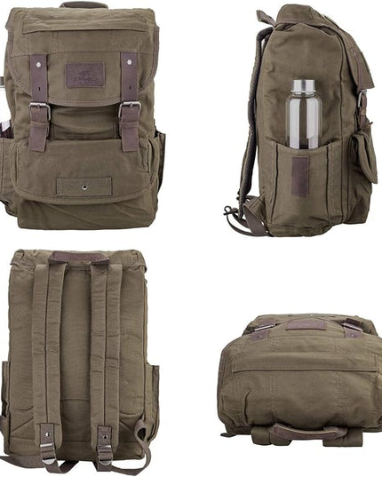 Waterproof Waxed Canvas Backpack for Men Travel Rucksack Leather Trimming (Green) One_Size