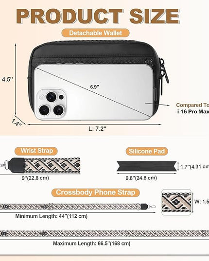 Clip and Go Strap for Phone with Wallet Crossbody, Adjustable Phone Lanyard with Detachable RFID Wristlet Wallet, Pattern Strap - Black (L)