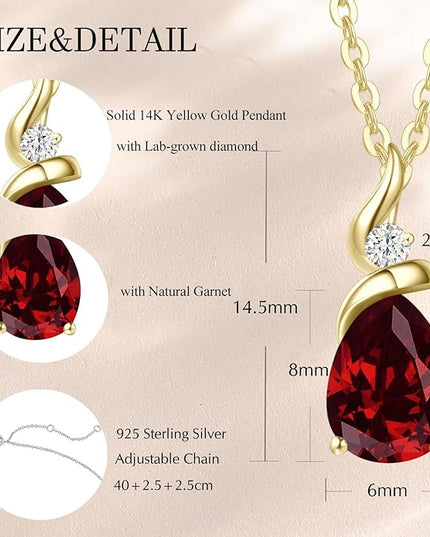 FANCIME 14K Solid Yellow Gold Birthstone Pendant Necklace for Women with Diamond Pear Shaped Teardrop Necklace Birthday Gifts for Mom Women Sterling Silver Chain 16" + 2" Extender