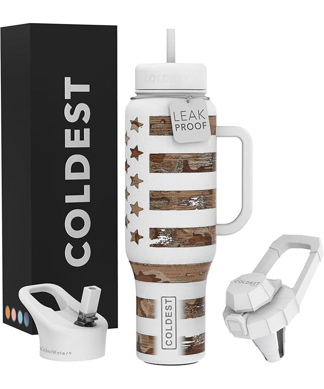 Coldest Tumbler with Handle and Straw - 100% Leak Proof Insulated Tumbler with Lid and Straw (3 Lids) - Stainless Steel Tumblers for Women & Men - Cup Holder Friendly Base, 46 oz (The Patriot)