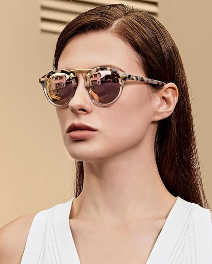 CARFIA Small Face Acetate Polarized Sunglasses for Women UV Protection, Retro Double Bridge Eyewears Metal Brow Round Sunnies
