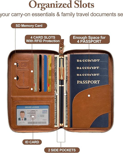 Passport Holder for Travel Women and Men RFID Passport Holder with Card Slots Holder Passport Case Passport cover Passport Wallet Travel Essentials and Accessories (Zipper, Brown Zipper)