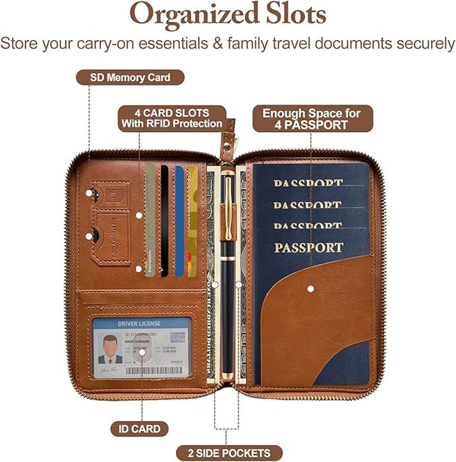 Passport Holder for Travel Women and Men RFID Passport Holder with Card Slots Holder Passport Case Passport cover Passport Wallet Travel Essentials and Accessories (Zipper, Brown Zipper)