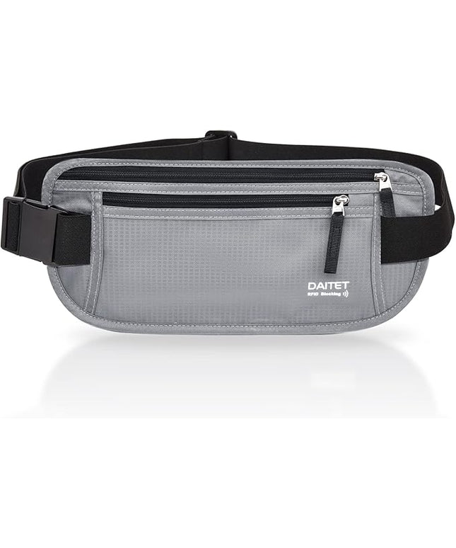 RFID Blocking Money Belt for Men Women, Slim Fanny Pack For Travel，Running,Conceal Waist Wallet For Passport Holder,Phone,Cash(Black Light Grey)