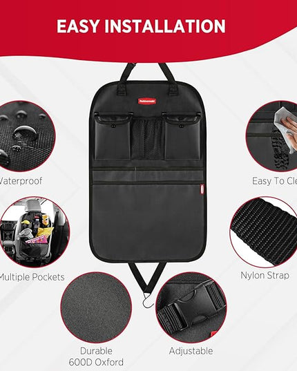 Rubbermaid Backseat Car Organizer, Kick Mats and Seat Back Protector, Car Organizer for Kids with 6 Storage Pockets, Travel Essentials for SUV, Truck, Car - 2 packs Black