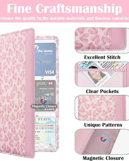Car Registration and Insurance Holder with Magnetic Closure, Universal Document Organizer for License, Insurance Cards & Glove Box Storage (Heart-Pink)
