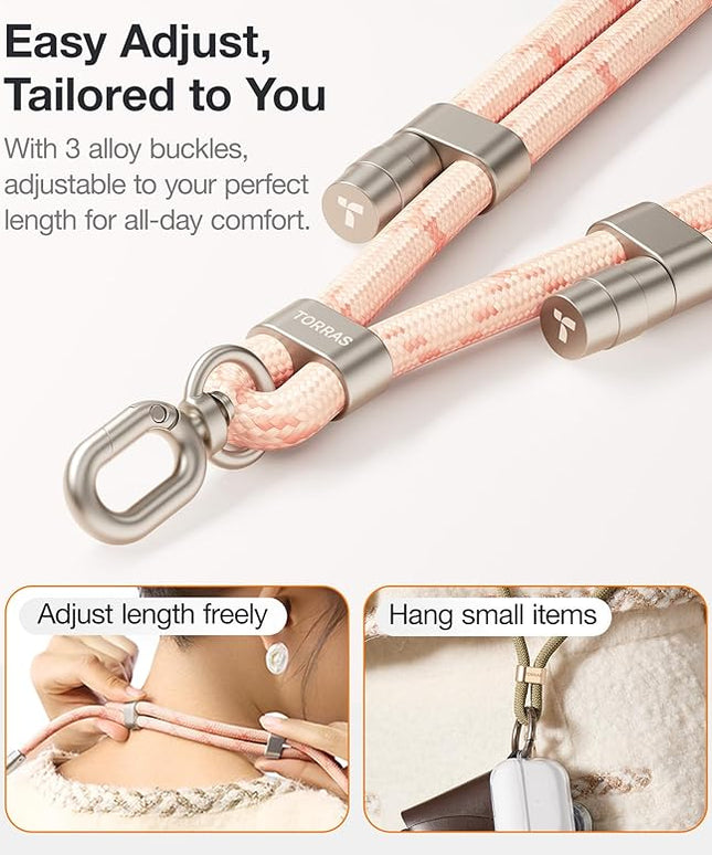TORRAS Phone Lanyard Crossbody with 2 Phone Tabs, Adjustable Anti Theft Phone Strap for All Phones, Premium Metal Buckles, Skin-Friendly, Universal Cell Phone Neck lanyard for Women and Men, Pink