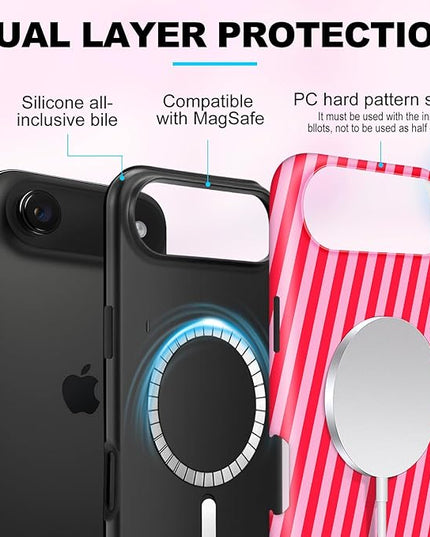 Magnetic for iPhone 17 Air Case Cute Diagonal Stripes Phone Case, Shockproof Slim TPU and Hard PC Protective Phone Cover Compatible with MagSafe Designed for Women Girls,Red