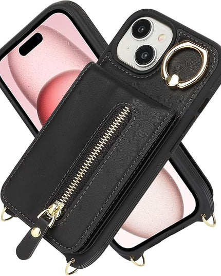 for iPhone 15 Wallet Case with Card Holder, for iPhone 15 Case Wallet with Strap Credit Card Slot, Crossbody Bag with Zipper Case for iPhone15 - Black