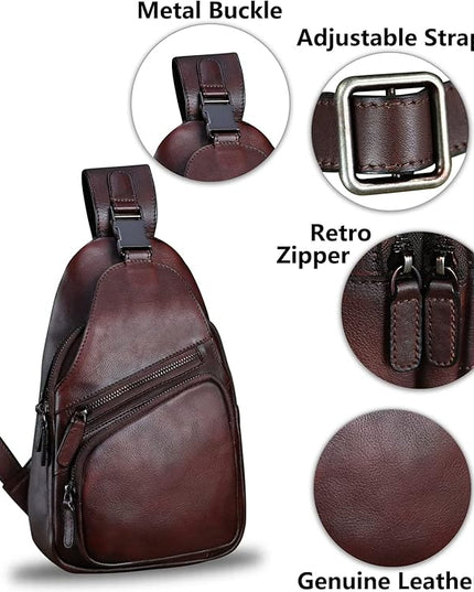 Genuine Leather Sling Bag Crossbody Purse Handmade Hiking Daypack Motorcycle Bag Retro Shoulder Backpack Vintage Chest Bag (Coffee)
