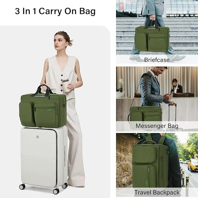 Hanke Convertible Laptop Bag, 3 In 1 Briefcase Backpack 17.3 Inch Computer Bag for Men Women, Travel Laptop Briefcase Messenger Bag, Underseat Carry On Personal Item, Pine Green