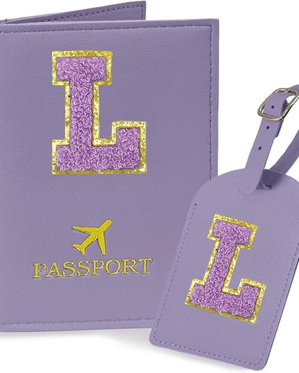 COSHAYSOO Initial Passport Cover Luggage Tag Set Letter Passport Holder Airplane Cruise Travel Essentials Vacation Traveling Accessories Personalized Gifts for Women Teen College Girls Purple L