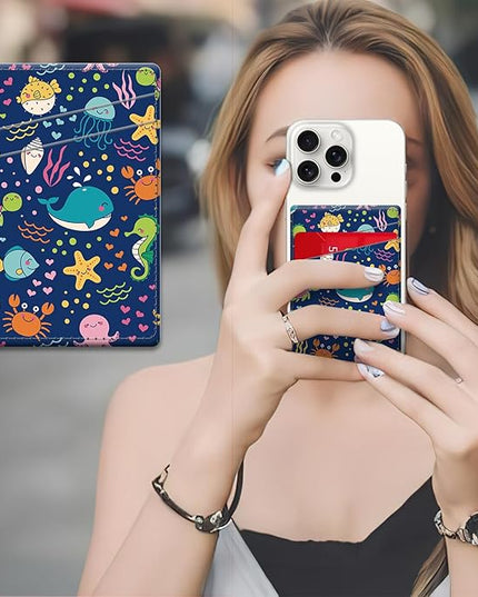 Phone Card Holder, Dual Pocket Leather Wallet Adhesive Stick On, Cute Credit Card Holder for Smartphones Case Compatible with Most Phone（Cute whale）
