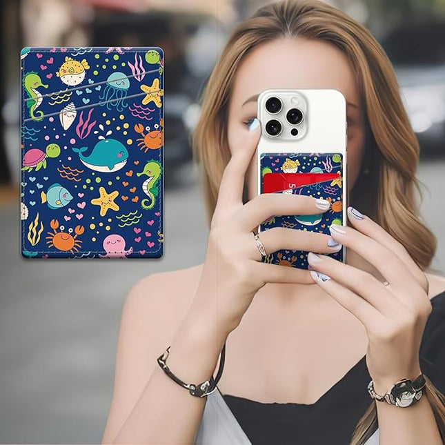 Phone Card Holder, Dual Pocket Leather Wallet Adhesive Stick On, Cute Credit Card Holder for Smartphones Case Compatible with Most Phone（Cute whale）