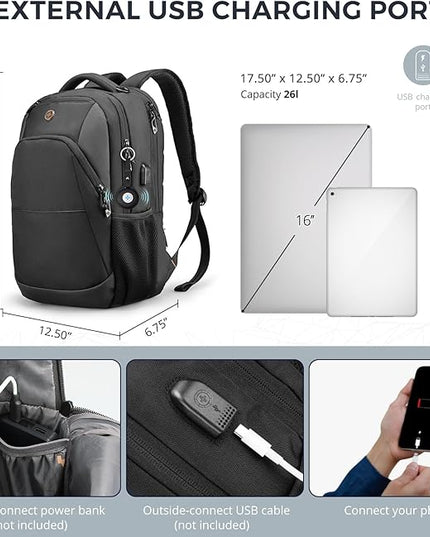 Swissdigital Design Adult Laptop Backpack, College Laptops Backpack with USB Charging Port for Men and Women Fits 16 Inch Notebook with Finder Keychain, Bluetooth Tracker, Item Locator for Keys