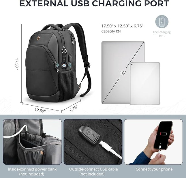 Swissdigital Design Adult Laptop Backpack, College Laptops Backpack with USB Charging Port for Men and Women Fits 16 Inch Notebook with Finder Keychain, Bluetooth Tracker, Item Locator for Keys