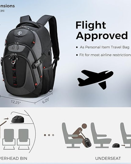 Swissdigital Design Laptop Backpack, Travel Backpack with USB Charging Port Fits 15.6 inches Computer, 31L College School Bookbag for Men, Black/Grey | SD803-02