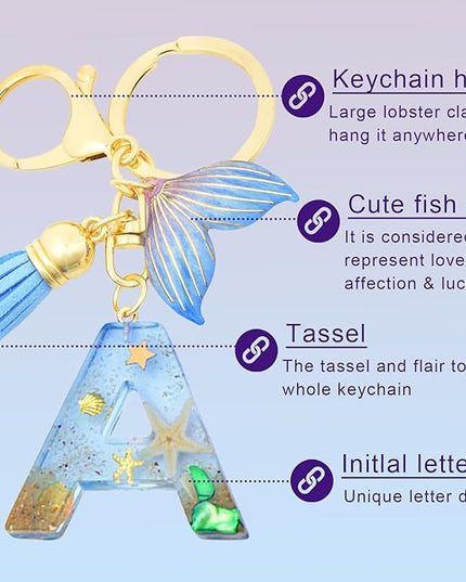 Initial letter Keychains for Women, Ocean Series Avowing Protect Earth Environment, Tassel Cute Car Keychain Initial Key Chain Keyring for Bookbag Handbag Backpack Charm Key Ring Unisex (Letter A)