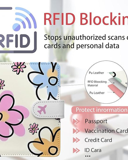 Passport Holder, Travel Wallet Cover with Pen Loop | Cute RFID Blocking Leather Case with Magnetic Closure for Travel Essentials-flower