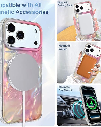Cute Case for iPhone 17 Pro Case for Women Girls [Compatible with Magsafe] with Translucent Pearl Pattern Design, Aesthetic Girly Magnetic Protective Phone Cover, Pink