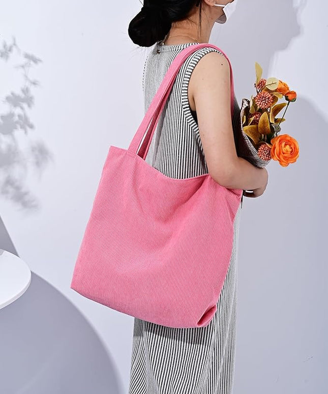 Iioscre Corduroy Tote Bag for Women,Hobo HandBags with Zipper,Large Capacity Casual Shoulder Handbags with Inner Pockets