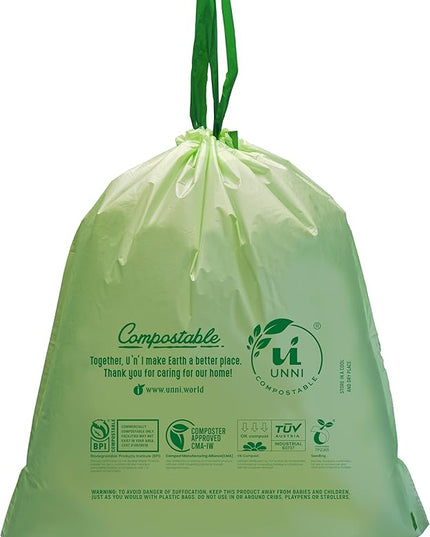 UNNI Compostable Drawstring Bags, 5.2 Gallon, 20 Liter, 60 Count, Heavy Duty 1 Mil, Small Kitchen Food Scrap Waste Bags, ASTM D6400, US BPI, CMA & Europe OK compost Certified, San Francisco