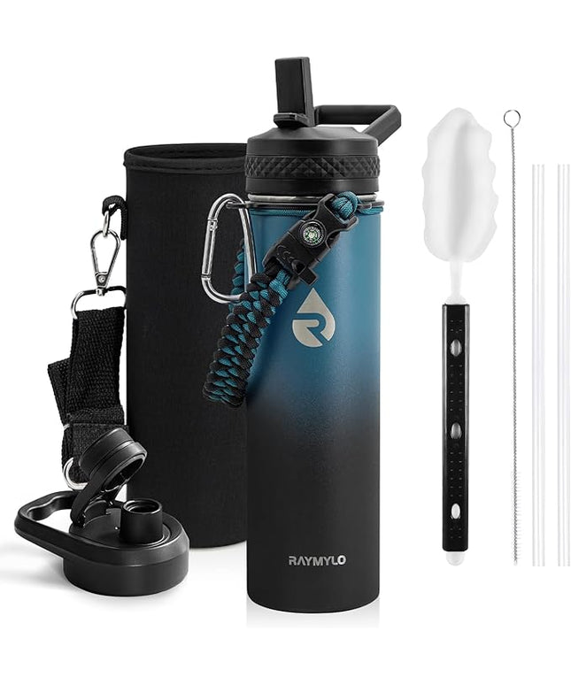 Insulated Water Bottle 20 oz, Triple Wall Vacuum Stainless Steel (Cold for 48 Hrs), Leak Proof & Non-BPA, Kids Water Bottle Jug for School with Straw Spout Lids, Indigo/Black