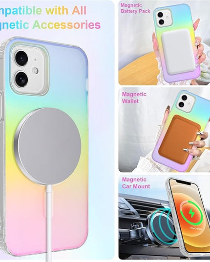 Cute Case for iPhone 12 & 12 Pro Case for Women Girls [Compatible with Magsafe] Glitter Sparkly Girly Aesthetic Rainbow Magnetic Protective Cover, Translucent Iridescent Blue & Pink